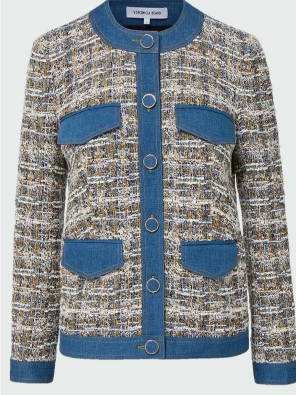 Veronica Beard Blue and Ivory Tweed Jacket with Denim Trim